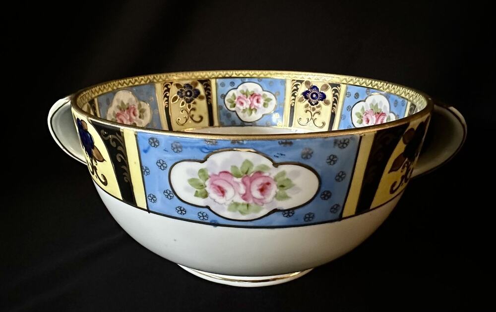Antique Noritake Double Handled Cream Soup Bowl M Wreath Pink Rose 1921-1930
